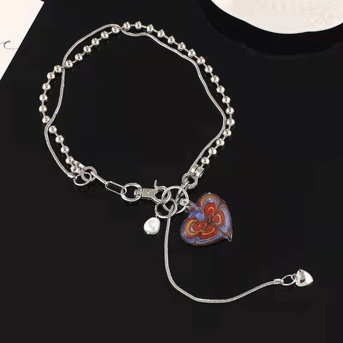 Wholesale Necklace Titanium Steel Glass Pearl Big Love Clavicle Chain JDC-NE-YHai007