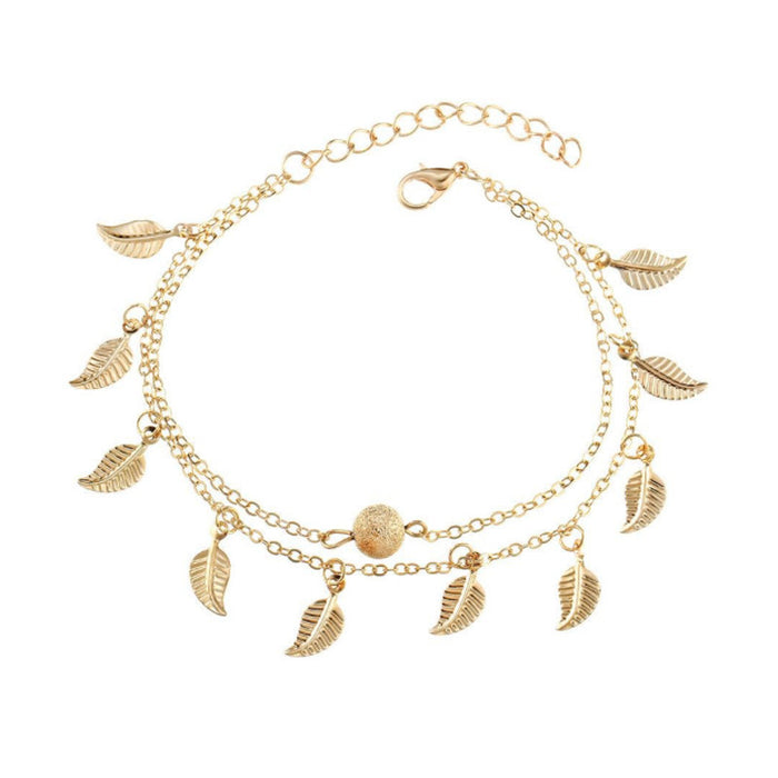 Wholesale beach style leaf anklet double layer tassel small leaf anklet MOQ≥2 JDC-AS-RuiP004