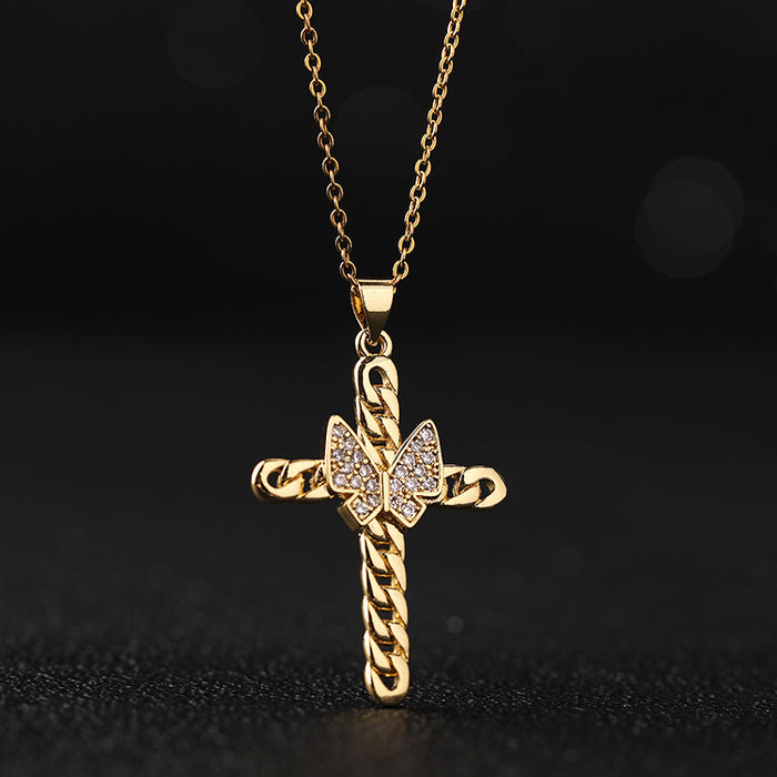 Wholesale Necklaces Titanium Steel Gold Butterfly Cross MOQ≥2 JDC-NE-ShangY026