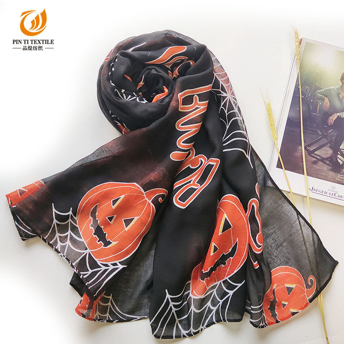 Wholesale Scarf Bali Yarn Halloween Pumpkin Lantern Print Sunscreen Towel MOQ≥10 JDC-SF-Pinti002