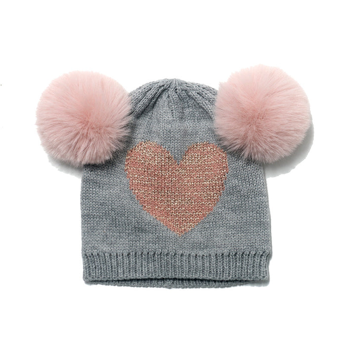 Wholesale Hat Acrylic Double Hair Ball Kids Love Knitted Hat MOQ≥2 JDC-FH-Yuanb018