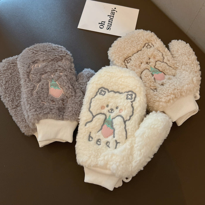 Wholesale Gloves Polyester Cute Cartoon Bear Strawberry Keep Warm Plush MOQ≥2 JDC-GS-JingZ011