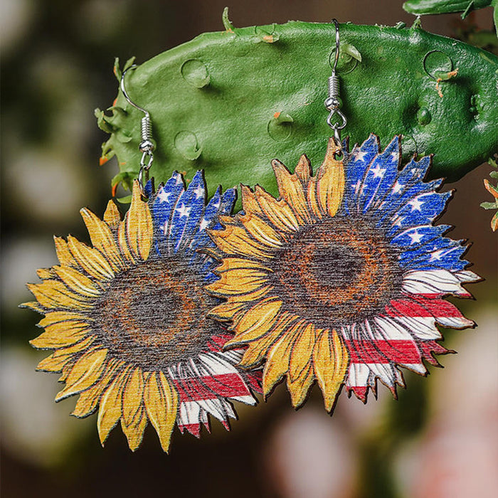 Wholesale 4th of July Independence Day Sunflower Water Drop Wooden Earrings JDC-ES-Saip051