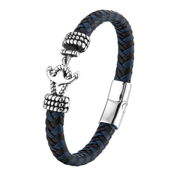 Wholesale Bracelet Stainless Steel Anchor Vintage Braided Genuine Leather JDC-BT-OuSD013
