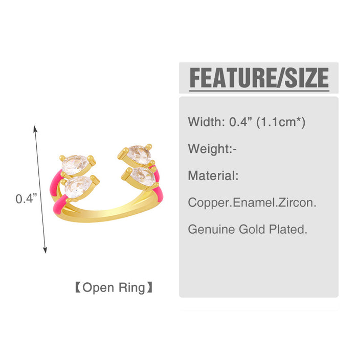 Wholesale Ring Copper Plated 18K Gold Zircon Drop Shape Color Enamel Adjustable JDC-PREMAS-RS-015