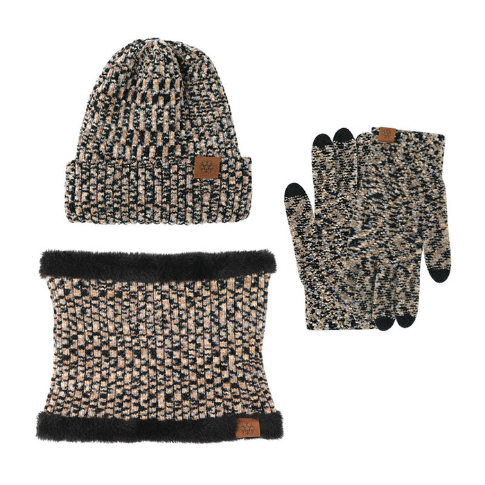 Wholesale Hat Acrylic Chenille Thermal Bib Gloves 3pcs Set JDC-FH-HongX003