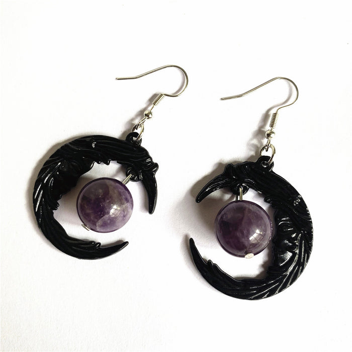 Wholesale Earrings Metal Face Black Crescent Purple Gemstone MOQ≥2 JDC-ES-TingYue010
