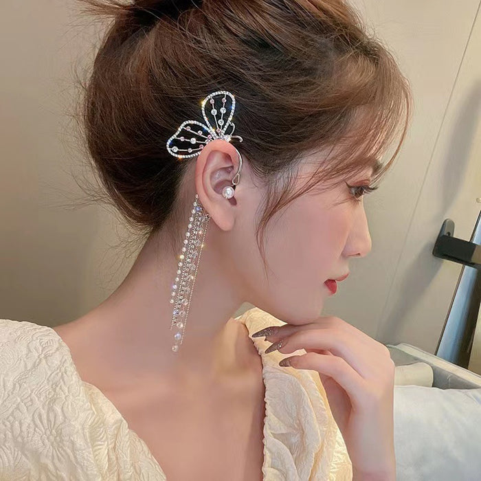 Wholesale Earrings Alloy Rhinestone Pearl Butterfly Fringe No Piercing MOQ≥2 JDC-ES-WeiH036