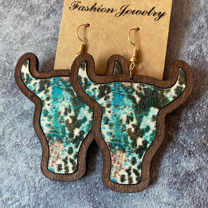 Wholesale Earrings Wooden Vintage Boho Bull Head Inlaid Print MOQ≥2 JDC-ES-Qunyi024