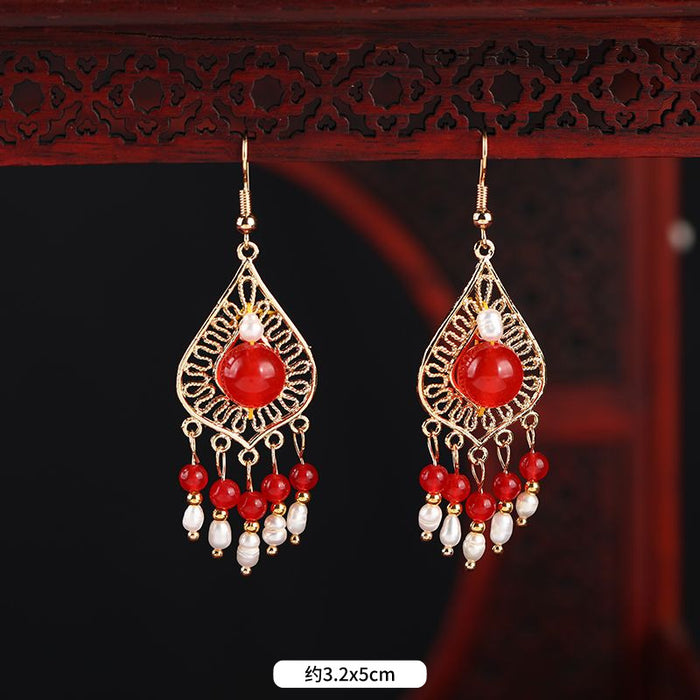 Wholesale antique earrings women's red agate pearl long JDC-ES-Luox006