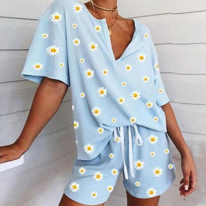 Wholesale printed fresh daisy home clothes loose and comfortable two-piece set JDC-SW-Yige003