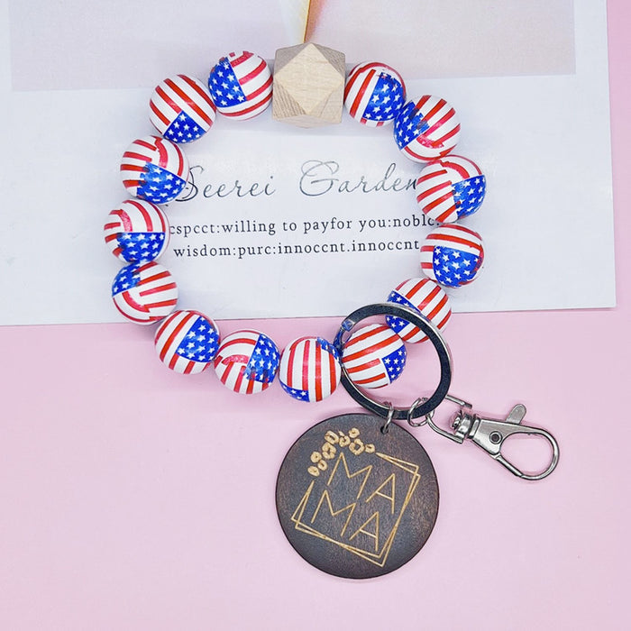 Wholesale 4th of July Printed Wooden Beads Bracelet Keychain Flag Pattern Independence MOQ≥2 Day JDC-KC-RRui002