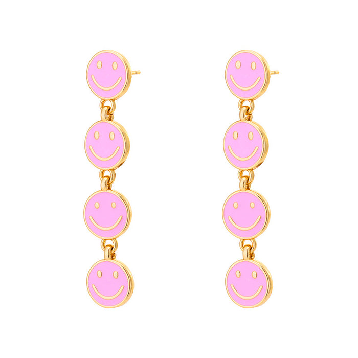 Wholesale Cute Smiley Long Earrings Copper Plated Real Gold Drop Oil JDC-ES-LvC002