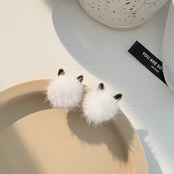 Wholesale Earring Alloy Cute Mink Fur Ball Cat Ear Stud Earrings JDC-ES-Baolai006