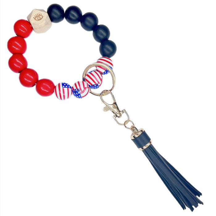 Wholesale 4th of July Independence Day Wood Beaded Wristlet Keychain JDC-KC-WuoD035