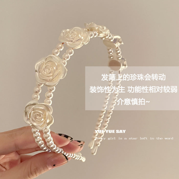Wholesale Rose Pearl Flower Double Layer Headband JDC-HD-Shangy001