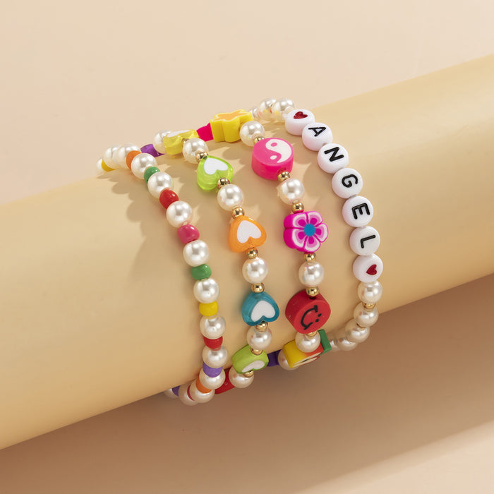Wholesale Colored Soft Pottery Heart Shaped Rice Beads Acrylic Bracelet Set JDC-BT-XueR012