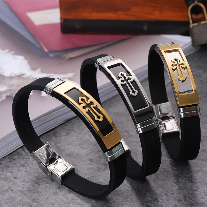 Wholesale Bracelet Silicone Cross Stainless Steel Men's Bracelet MOQ≥3 JDC-BT-LongN002