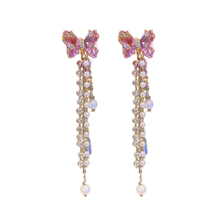 Wholesale Silver Post Diamond Zircon Pearl Butterfly Crystal Tassel Earrings JDC-ES-Fengm045