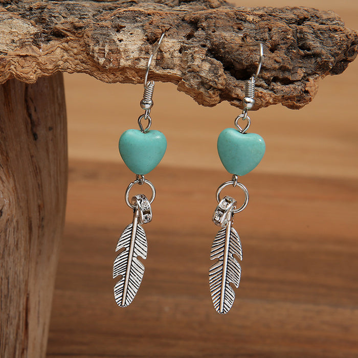 Wholesale Earrings Alloy Heart Shape Turquoise Feather Earrings JDC-ES-Saip072