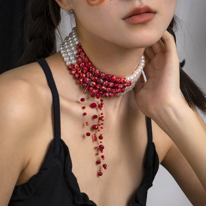 Wholesale Necklaces Imitation Pearl Acrylic Rice Beads Gothic Blood Drop Tassel Chocker JDC-NE-XueR003