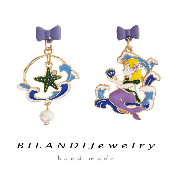 Wholesale earrings alloy cartoon mermaid bow asymmetric JDC-ES-BLD003