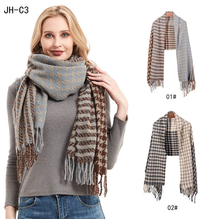 Wholesale Autumn Winter Brown Houndstooth Scarf Tassel Shawl JDC-SF-Junhao010