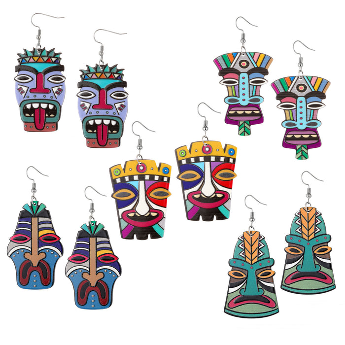Wholesale Earrings Acrylic African Indigenous Painted Funny Ethnic 6 Pcs JDC-ES-JueJ009