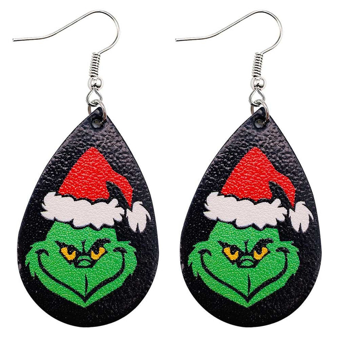 Wholesale Earrings Leather Christmas Green Frog Double Sided Print MOQ≥2 JDC-ES-PuCi001