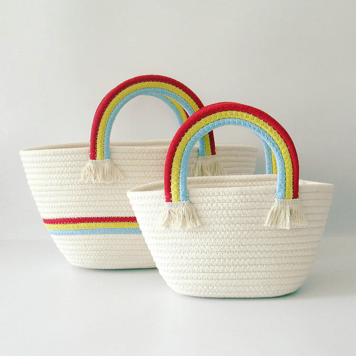 Wholesale rainbow handle woven bag cotton rope woven bag casual handbag JDC-HB-DeR001