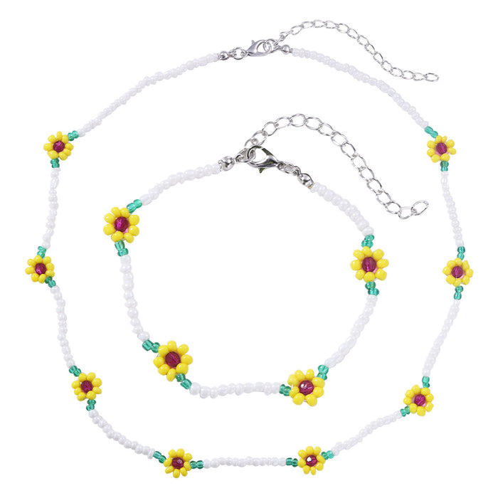 Wholesale Hand Beaded Flower Sunflower Rice Bead Necklace Bracelet Set JDC-BT-SYu003