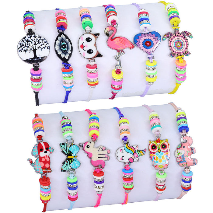 Wholesale Bracelet Jade Thread Alloy Soft Pottery Hand-woven Cartoon Children 12pcs (M) MOQ≥2 JDC-BT-Yiye032