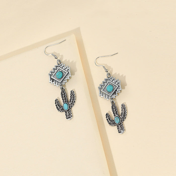 Wholesale Earrings Alloy Carving Pattern Cactus Turquoise JDC-ES-Saip086