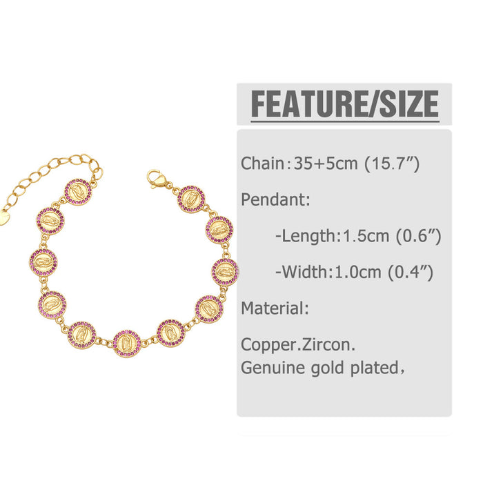 Wholesale Bracelet Copper Plated 18K Gold Zircon Virgin Mary Round Plate JDC-PREMAS-BT-009