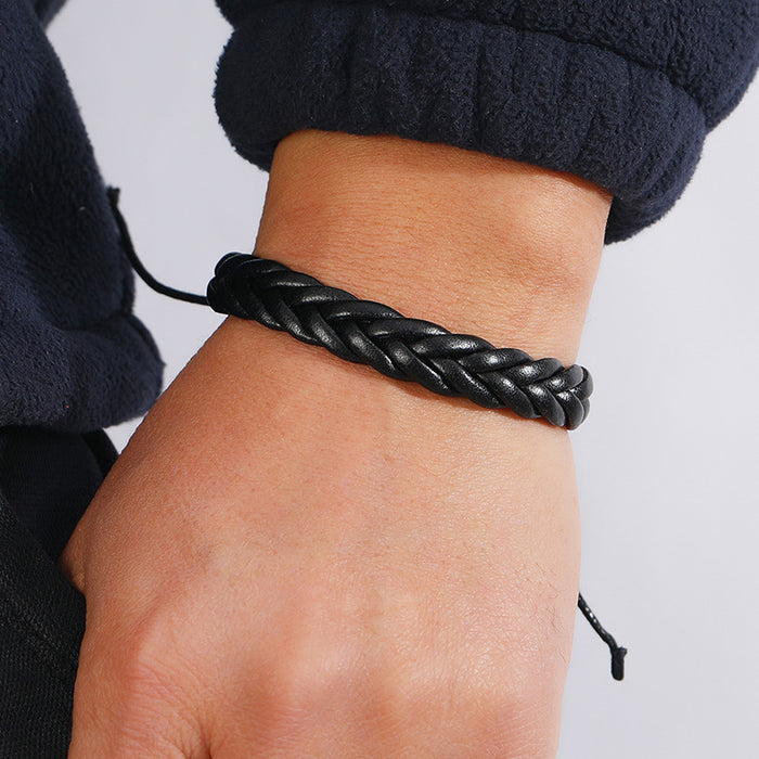 Wholesale Simple Hand Braided Black Three Strand Braided Leather Bracelet JDC-BT-PK023