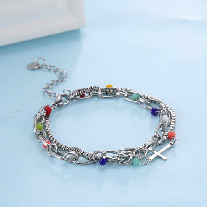 Wholesale Bracelet Stainless Steel Color Bead Chain Three Layers Wearing Cross JDC-BT-QiJu011