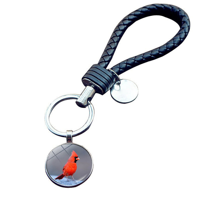 Wholesale Keychain Zinc Alloy Glass Leather Rope Cardinal Bird Hand Woven JDC-KC-JiaY003