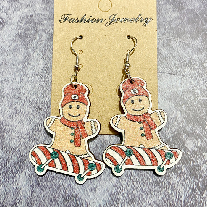 Wholesale Earrings Wooden Vintage Christmas Santa Claus Vignette Print 2 Pairs JDC-ES-Qunyi033