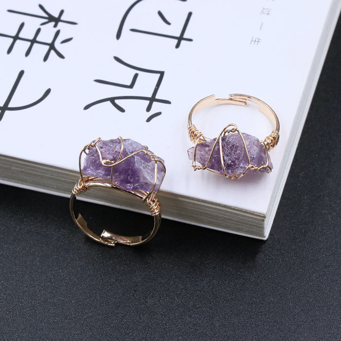 Wholesale ring natural stone amethyst rough aquamarine DIY winding wire crystal stone JDC-RS-JingC001