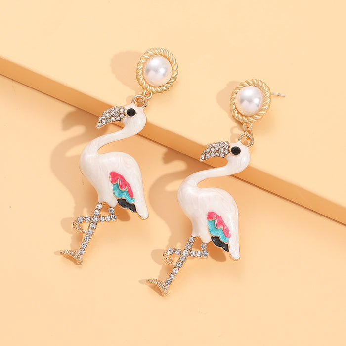 Wholesale Earrings Alloy Enamel White Crane Pendant Pearl Stud Earrings MOQ≥2 JDC-ES-JUYAO011