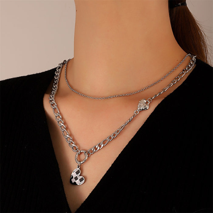 Wholesale Necklace Stainless Steel Double Layer Heart Checkerboard Necklace MOQ≥2 JDC-NE-D055