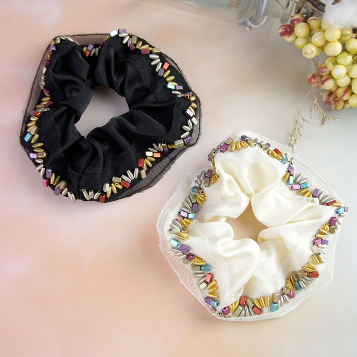 Wholesale Hair Scrunchies Cloth Classic Satin Multicolored Stone Beads MOQ≥3 JDC-HS-HMXS003