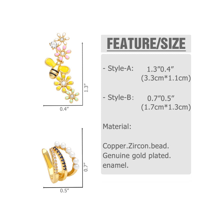 Wholesale Earrings Copper Plated 18K Gold Zircon Enamel Bee Flower Ear Clips JDC-PREMAS-ES-019