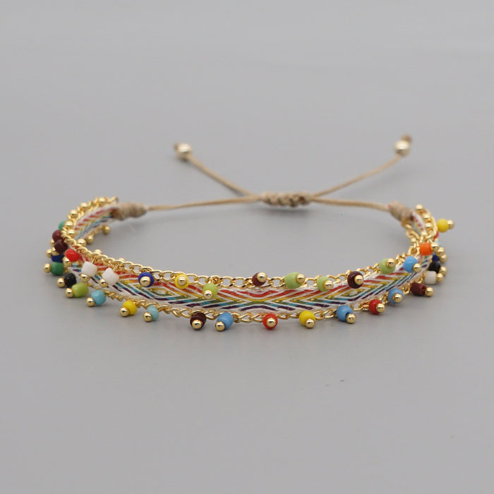 Wholesale Vintage Ethnic Hand Woven Ribbon Colorful Beaded Gold Chain JDC-BT-HeY014