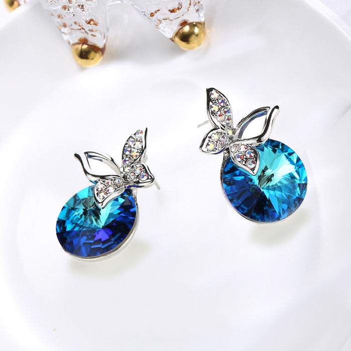 Wholesale temperament blue crystal necklace blue butterfly earrings jewelry set JDC-NE-XunO054