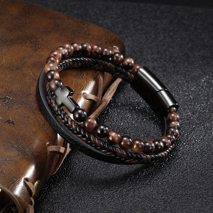 Wholesale Stainless Steel Natural Tiger Eye Agate Stone Cross Mens Leather Bracelet JDC-BT-ZiGe002