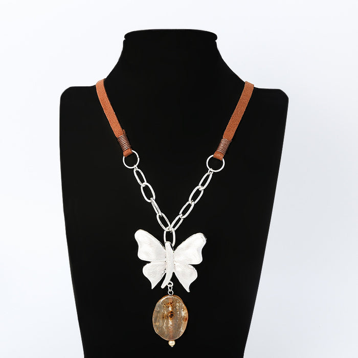 Wholesale Necklace Zinc Alloy Vintage Butterfly Natural Stone Sweater Chain MOQ≥2 JDC-NE-Anyi004