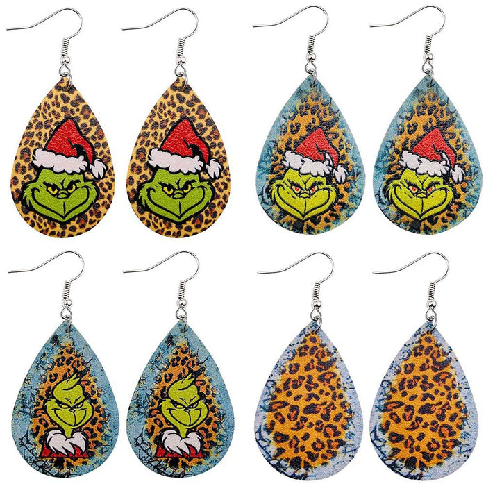 Wholesale Earrings Leather Christmas Leopard Green Frog Drop Shape MOQ≥2 JDC-ES-PuCi007