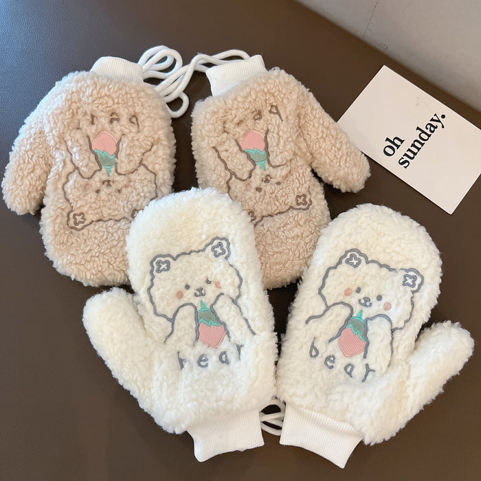 Wholesale Gloves Polyester Cute Cartoon Bear Strawberry Keep Warm Plush MOQ≥2 JDC-GS-JingZ011