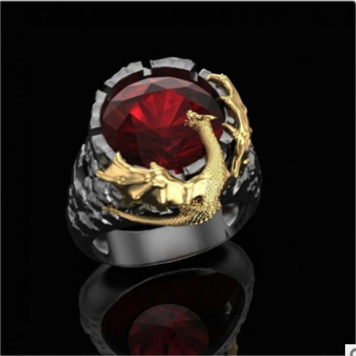 Punk Goth Rock Personalidad al por mayor Ring de dos tonos Ruby Dragon Ring Moq≥2 JDC-RS-FHong002